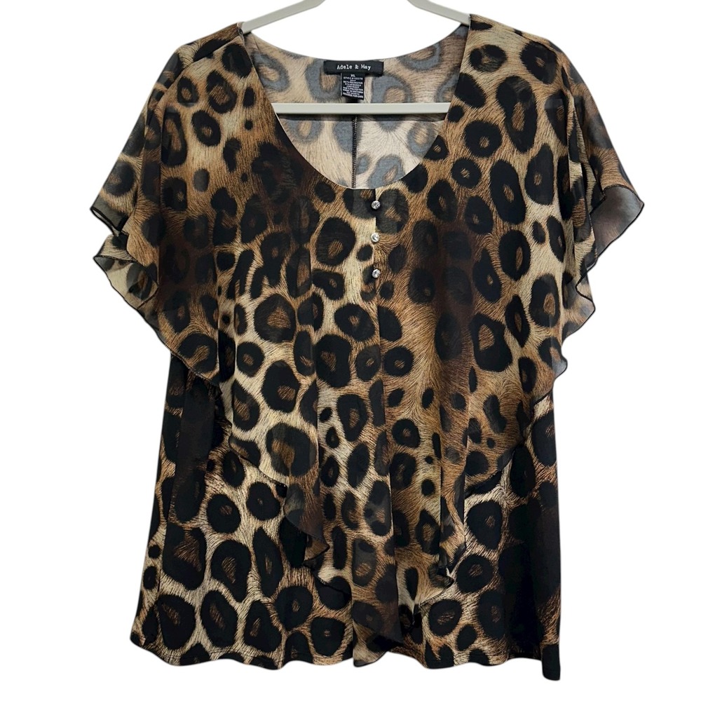 Adele & May Shirt‎ Womens XL Brown Leopard Print Sheer Flutter Sleeve Henley